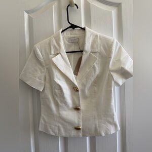 Meshki Cropped Short Sleeve Top with Gold Buttons - White